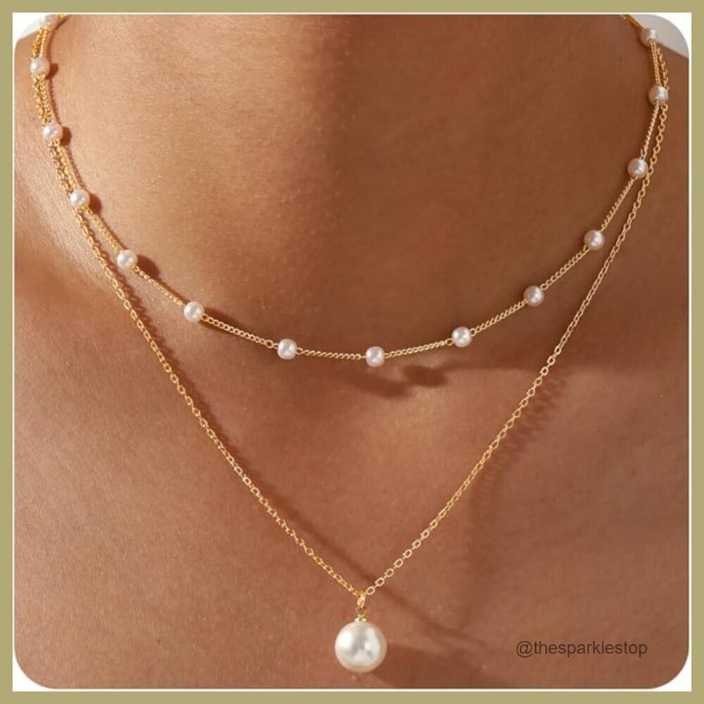Real Gold Plated Dainty Pearl Necklace Daisy Round Drop Choker Layered